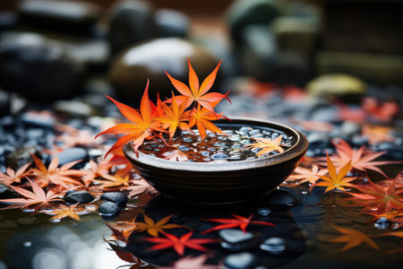 Japanese maple leaf in a bowl of water with zen stones backgroundの素材