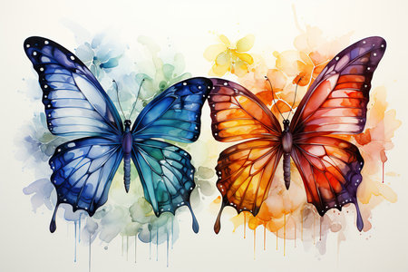Beautiful butterfly on colorful watercolor background. Digital art painting.の素材