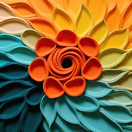 3d render of colorful origami flower made of paper, abstract backgroundの素材
