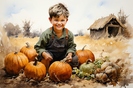 Little boy with pumpkins on the farm. Digital watercolor paintingの素材
