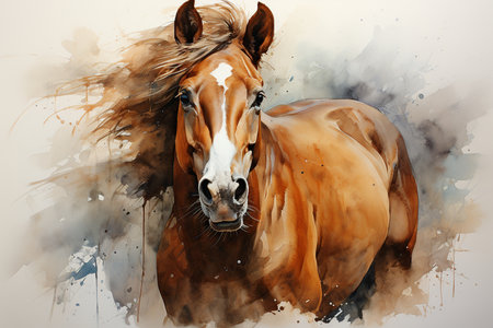 Digital painting of a chestnut horse with flowing mane on white backgroundの素材
