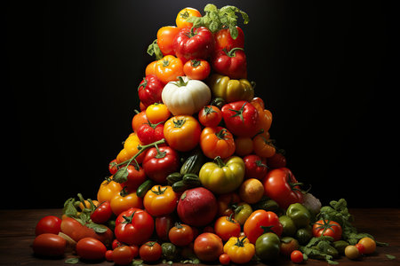 A Christmas tree made of vegetables on a wooden table. Black background.の素材