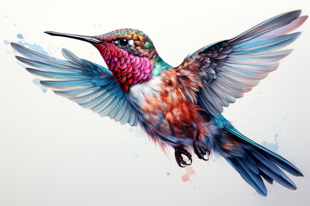 Hummingbird with colorful feathers on a white background. Digital painting.の素材