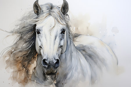 White horse portrait with black mane. Digital watercolor painting.の素材