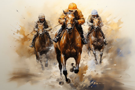 Horses and jockeys on a race. Digital painting.の素材