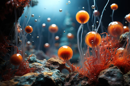 3d illustration of orange jellyfish in the ocean. Underwater world.の素材