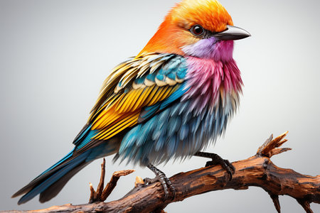 Colorful bird on a branch isolated on gray background. 3d illustrationの素材