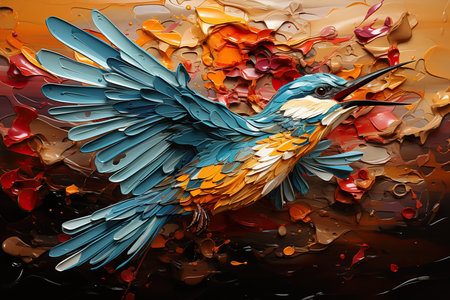 Digital painting of a colorful bird on a background of watercolor splashesの素材