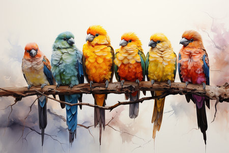 Colorful parrots sitting on a branch, watercolor painting.の素材