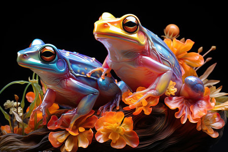 Frog and flowers on a black background. Studio photography of a frog.の素材