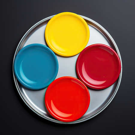 Colorful plastic buttons on metal plate on black background. 3d illustrationの素材