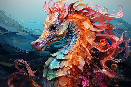 Colorful dragon on blue water background. 3d render illustration.の素材