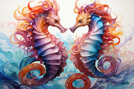 Two seahorses in the form of heart on a white backgroundの素材