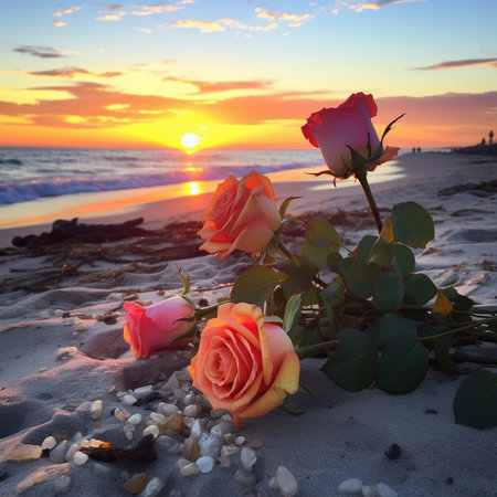 Pink and orange roses on the beach in the rays of the setting sunの素材