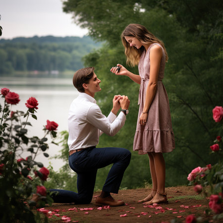 Young couple in love on a romantic date on a background of rosesの素材