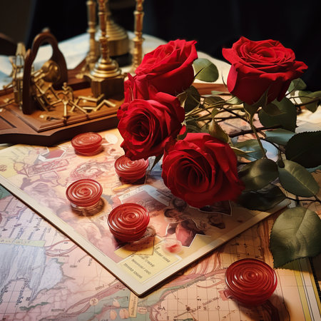 Red roses on the old map with a cup of coffee. Retro style.の素材