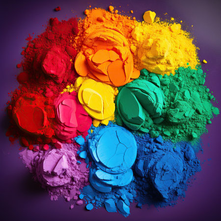 Colored powder for make-up on a purple background, top viewの素材
