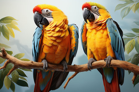 Colorful macaws sitting on a branch. 3d illustration.の素材