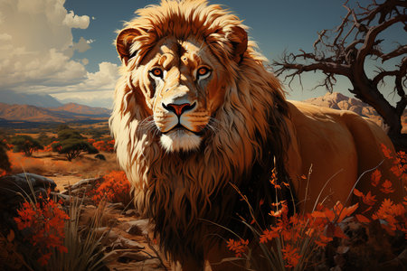 Lion in the desert. 3D rendering. Computer digital drawing.の素材