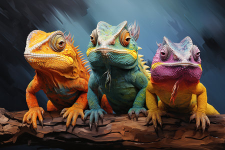 Three chameleons on a log in front of a dark backgroundの素材