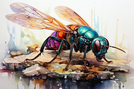 Colorful watercolor drawing of a fly on a stone surface.の素材