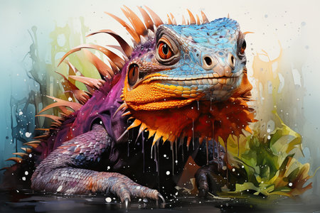 Iguana in the rain. Watercolor painting. Vector illustration.の素材