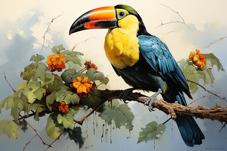 Toucan sitting on a branch with flowers. Illustration.の素材