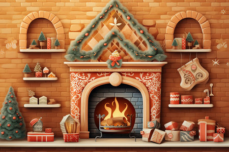Christmas fireplace with presents and gingerbread cookies. 3d illustration.の素材