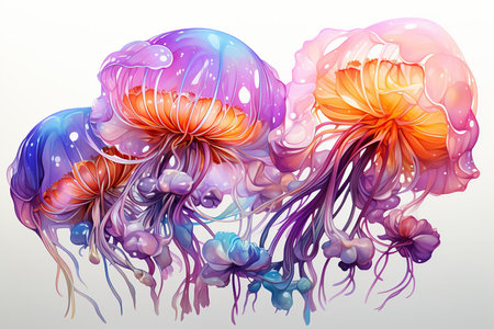 Colorful jellyfish isolated on white background. Watercolor illustration.の素材