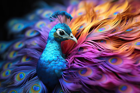 Beautiful peacock with colorful feathers on a black background. 3d renderingの素材