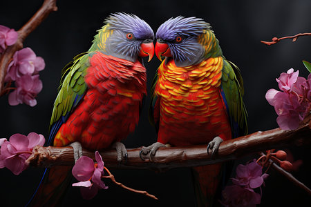 Colorful parrots on a branch with flowers on a black backgroundの素材