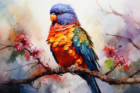 Colorful parrot on a tree branch. Watercolor painting.の素材