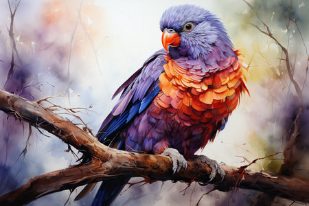 Beautiful colorful parrot sitting on a tree branch. Watercolor paintingの素材