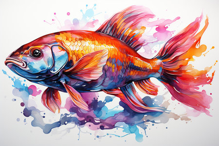 Illustration of a goldfish on a watercolor splash background.の素材