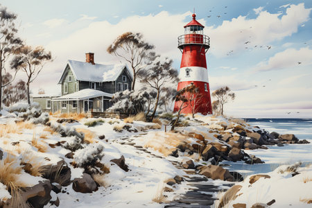 Lighthouse on the shore of the Atlantic Ocean in the winter.の素材