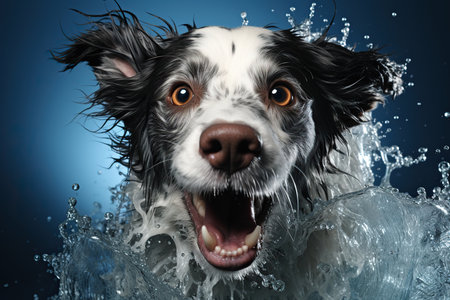 Funny dog splashing in water. Close up portrait of border collieの素材