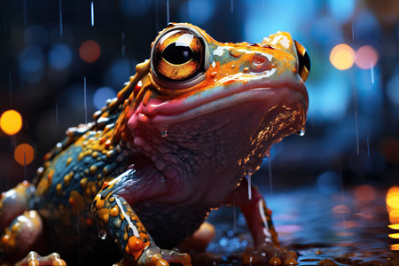 Frog with rain drops and bokeh lights on background.の素材
