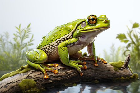 3D rendering of a green tree frog sitting on a log.の素材