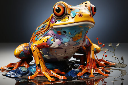 3d illustration of a colorful frog sitting on a water surface.の素材