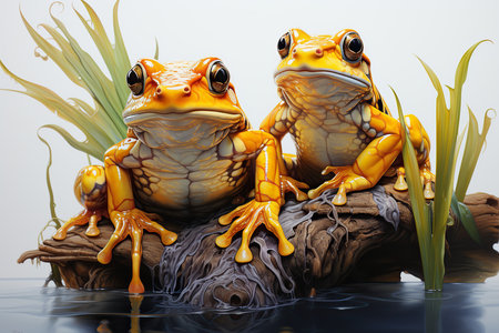 Frogs sitting on a log in the water on a white backgroundの素材