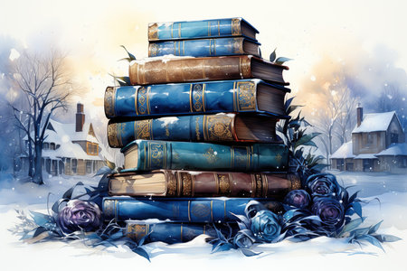 Pile of old books in winter village. Digital painting illustration.の素材