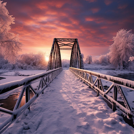 Beautiful winter landscape with frozen river and wooden bridge at sunset.の素材