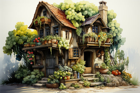 Fantasy house with grapes and potted plants. Digital painting.の素材