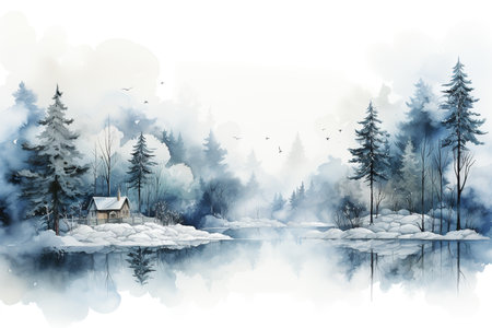 Winter landscape with a small house in the woods. Digital painting.の素材