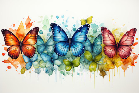 Butterflies and watercolor splashes on a white background.の素材