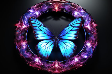 Glowing butterfly in circle on black background. 3d illustration.の素材