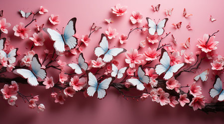 Cherry blossom and butterfly on pink background. Spring concept.の素材