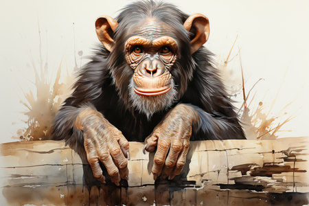 chimpanzee monkey on a wooden background, digital painting.の素材