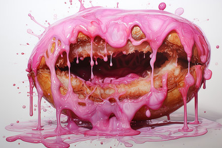 Bitten donut with dripping pink juice on a white background.の素材