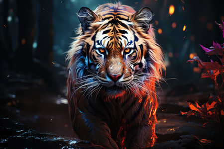 Portrait of a tiger in a dark forest. 3D rendering.の素材